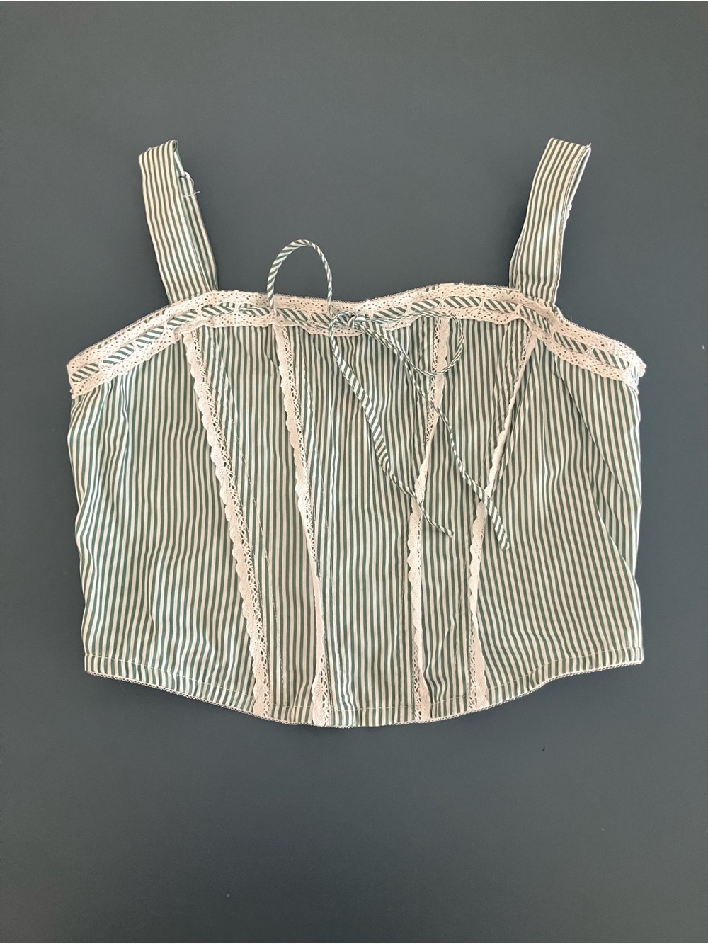 Cottagecore Striped Lace-Trim Cropped Corset Style Top w/ Boning - Green/White